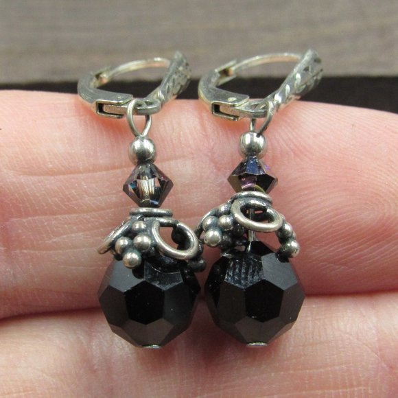 Jewelry - Sterling Faux Black Stone Faceted Rustic Earrings
